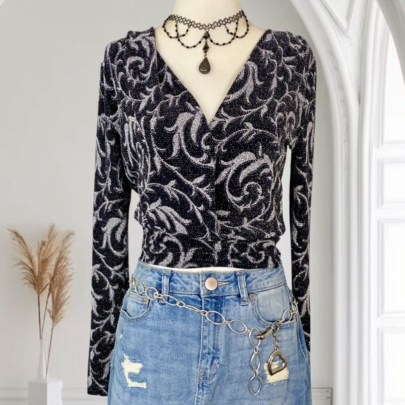 A-gaci Whimsygoth Vintage 90s Made in USA Glitter Wrap Top Deep V-neck Blouse S - Picture 1 of 9